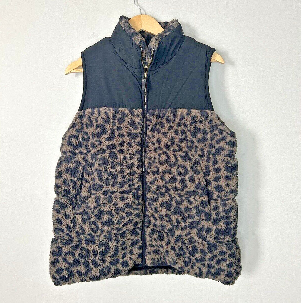 P.J. Salvage El Captain Women's Sherpa Vest Black Leopard Cheetah Print Size Med